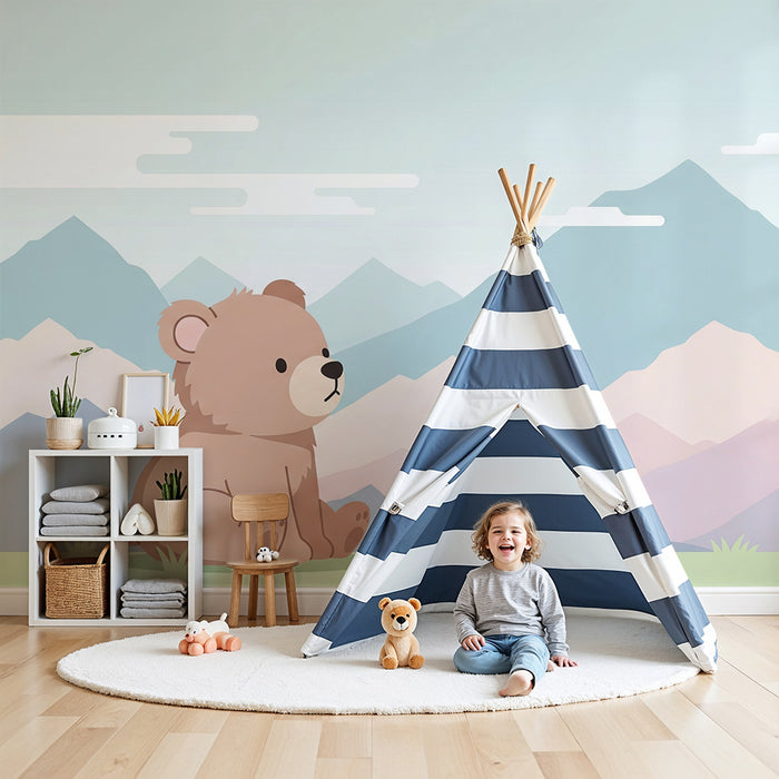 Lastenhuoneen tapetti | Söpö karhu pastellivuoristomaisemassa