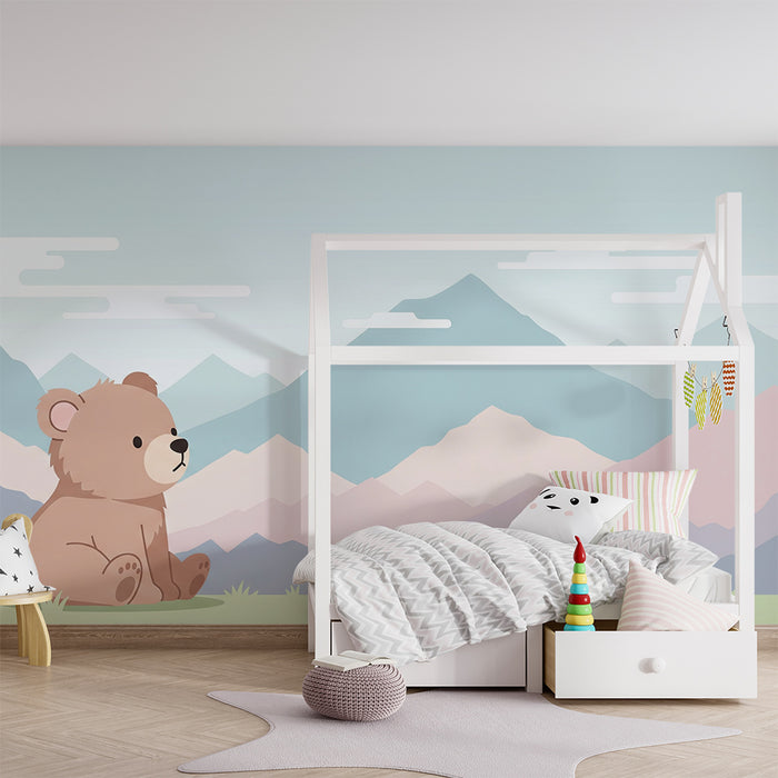 Lastenhuoneen tapetti | Söpö karhu pastellivuoristomaisemassa