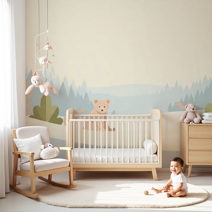 Papier peint chambre bébé | Ourson mignon dans un paysage hivernal apaisant