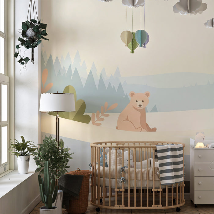 Papier peint chambre bébé | Ourson mignon dans un paysage hivernal apaisant