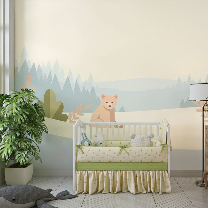 Papier peint chambre bébé | Ourson mignon dans un paysage hivernal apaisant