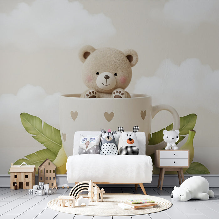 Papel de parede quarto bebê | Urso fofo numa chávena