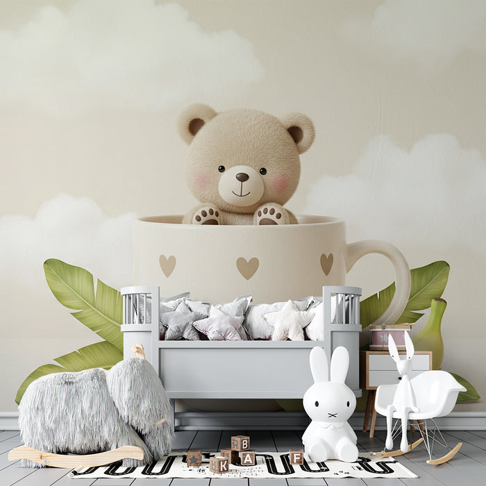 Papel de parede quarto bebê | Urso fofo numa chávena
