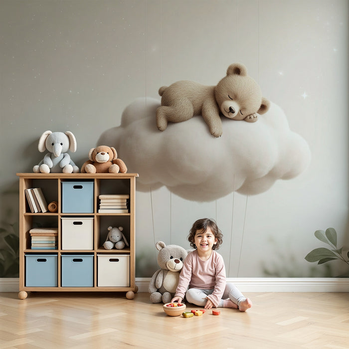 Papel pintado infantil | Lindo osito durmiendo en una nube