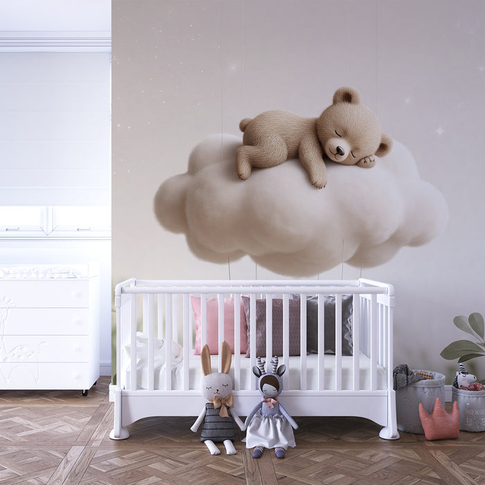 Papel pintado infantil | Lindo osito durmiendo en una nube