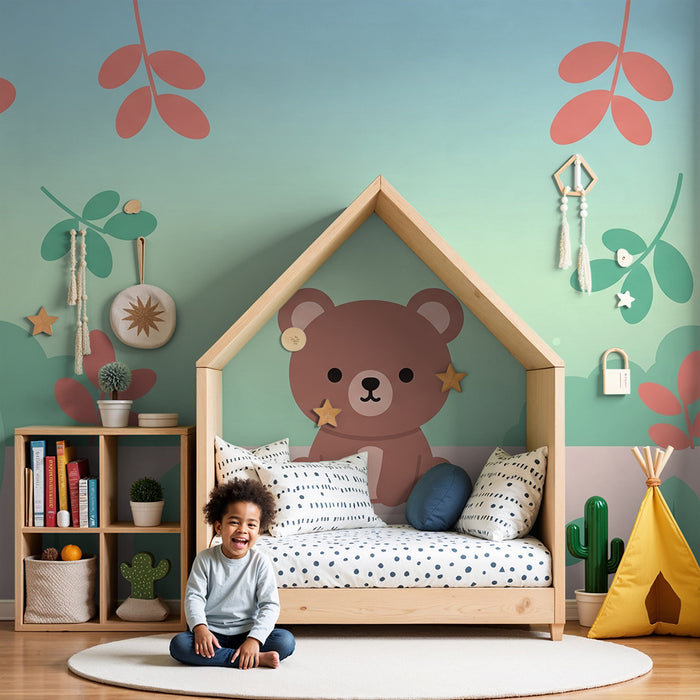 Papel de parede quarto bebê | Ursinho fofo cercado por folhagem colorida