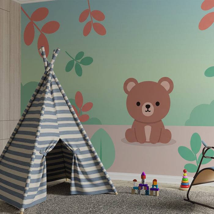 Papel de parede quarto bebê | Ursinho fofo cercado por folhagem colorida