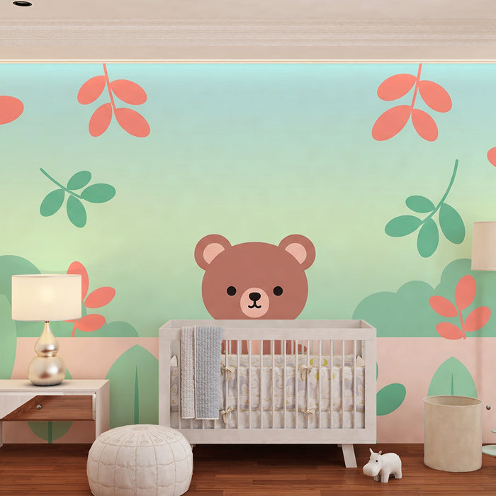 Papel de parede quarto bebê | Ursinho fofo cercado por folhagem colorida