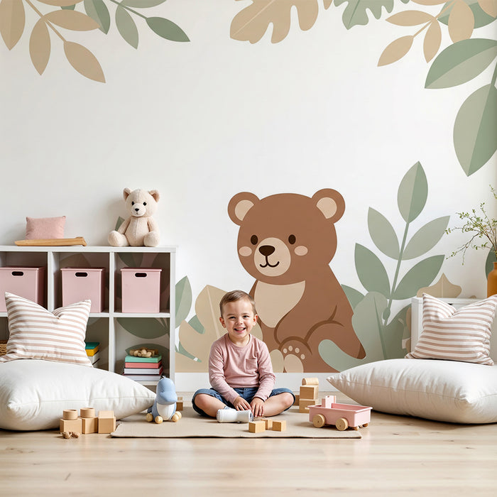 Tapet barnerom | Søt bjørn omgitt av myk løvverk