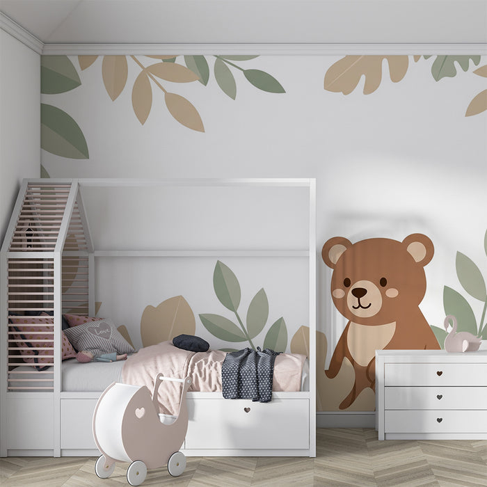Tapet barnerom | Søt bjørn omgitt av myk løvverk