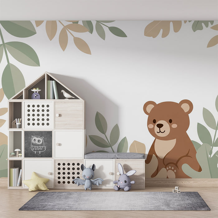 Tapet barnerom | Søt bjørn omgitt av myk løvverk