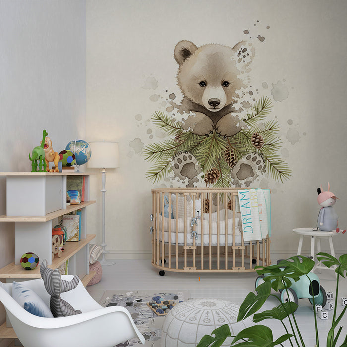 Papier peint chambre bébé | Ourson mignon entouré de feuillage et de pommes de pin