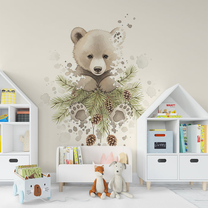 Papier peint chambre bébé | Ourson mignon entouré de feuillage et de pommes de pin