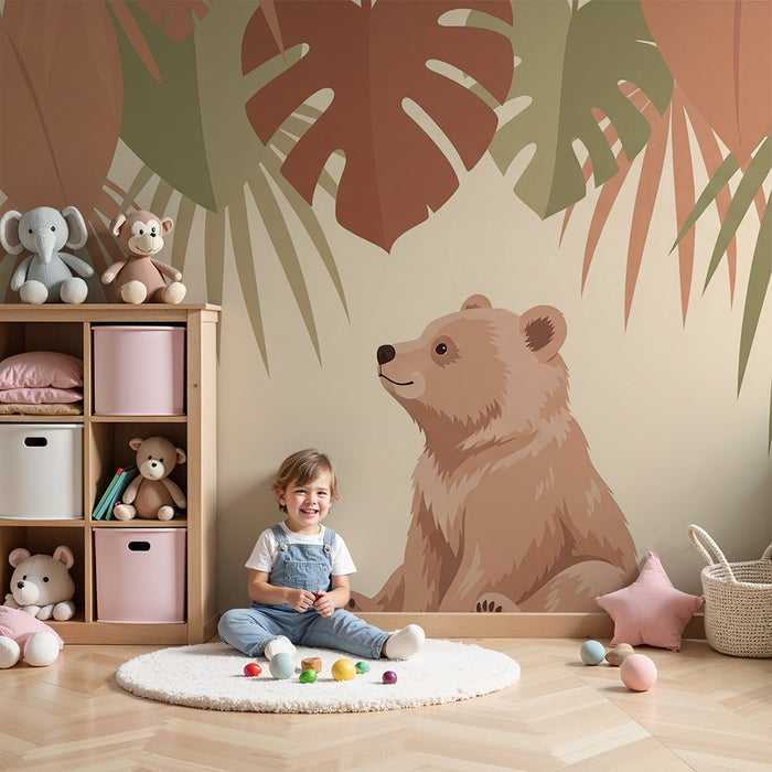 Papel de parede quarto bebê | Urso fofo cercado por folhagem tropical