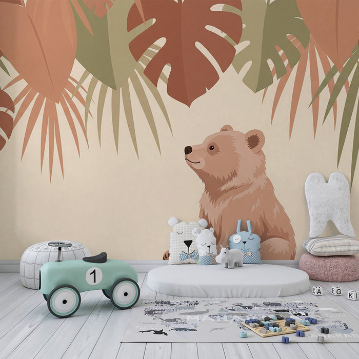 Papel de parede quarto bebê | Urso fofo cercado por folhagem tropical