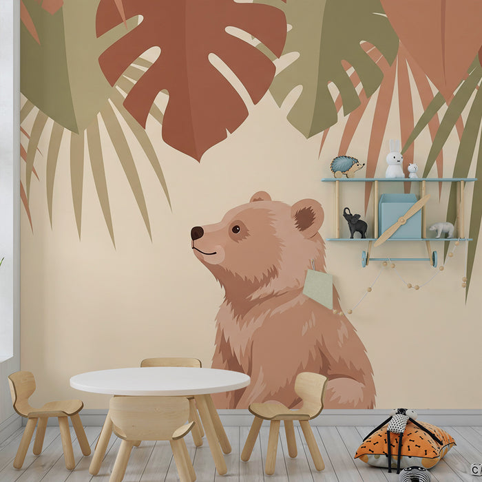 Papel de parede quarto bebê | Urso fofo cercado por folhagem tropical