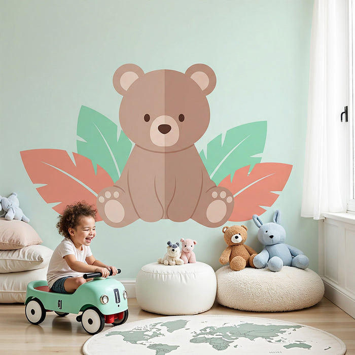 Papel de parede quarto bebê | Bonito urso cercado por folhas tropicais
