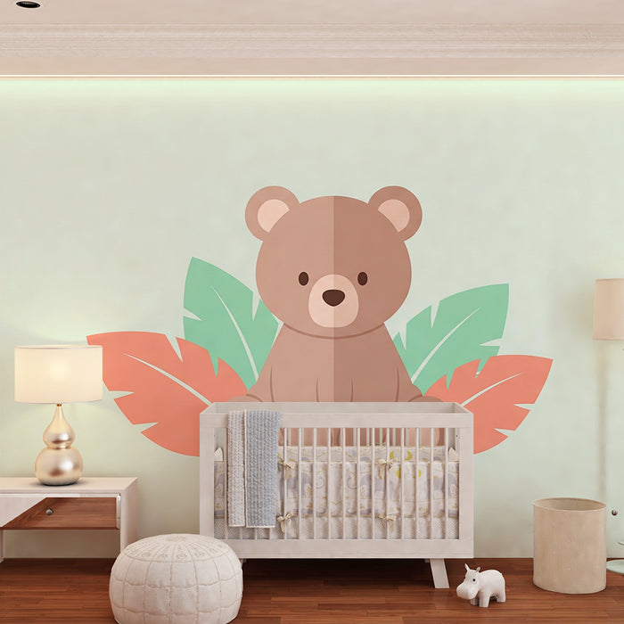 Papel de parede quarto bebê | Bonito urso cercado por folhas tropicais