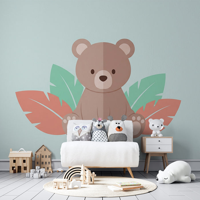 Papel de parede quarto bebê | Bonito urso cercado por folhas tropicais