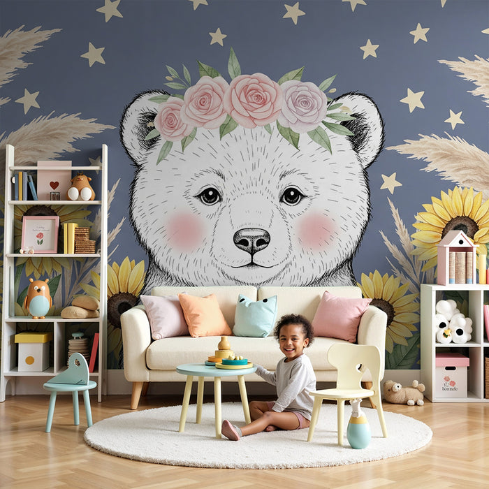 Papier peint chambre bébé | Ourson mignon entouré de fleurs