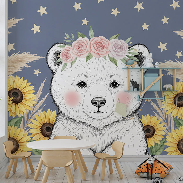 Papier peint chambre bébé | Ourson mignon entouré de fleurs