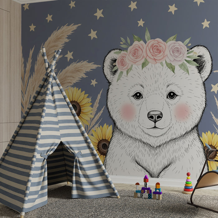 Papier peint chambre bébé | Ourson mignon entouré de fleurs