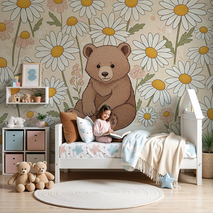 Lastenhuoneen tapetti | Söpö karhu ympäröi kirkkaita päivänkakkaroita
