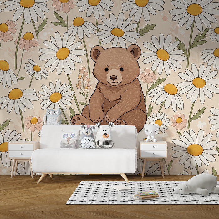 Lastenhuoneen tapetti | Söpö karhu ympäröi kirkkaita päivänkakkaroita