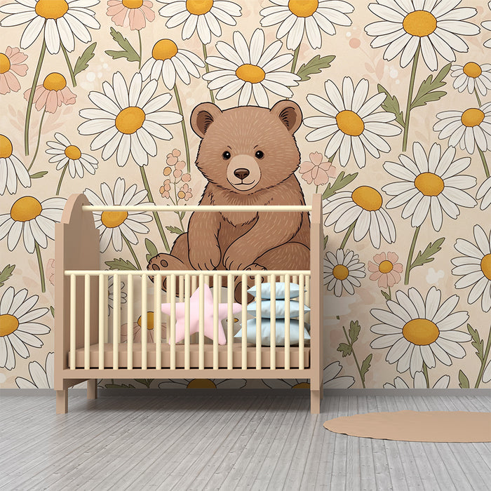 Lastenhuoneen tapetti | Söpö karhu ympäröi kirkkaita päivänkakkaroita