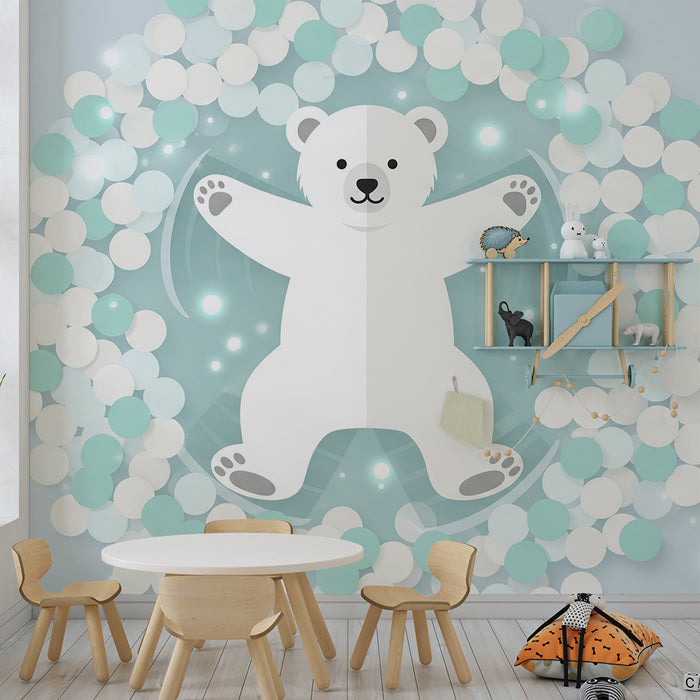 Tapeta dětského pokoje | Roztomilý medvěd obklopený barevnými puntíky