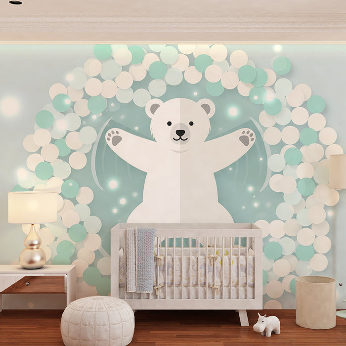 Tapeta dětského pokoje | Roztomilý medvěd obklopený barevnými puntíky