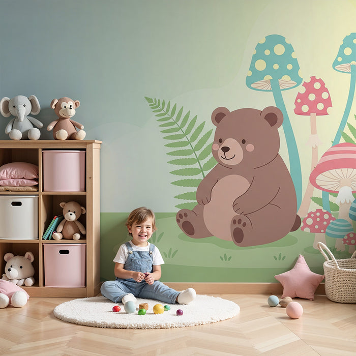 Papel de parede quarto bebê | Мило мече и цветни гъби в нежна пейзажна среда