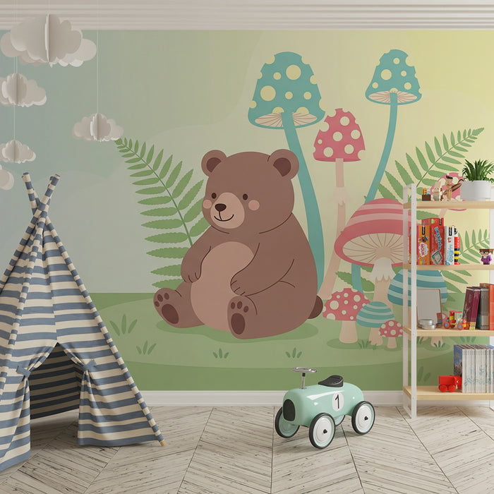 Papel de parede quarto bebê | Мило мече и цветни гъби в нежна пейзажна среда