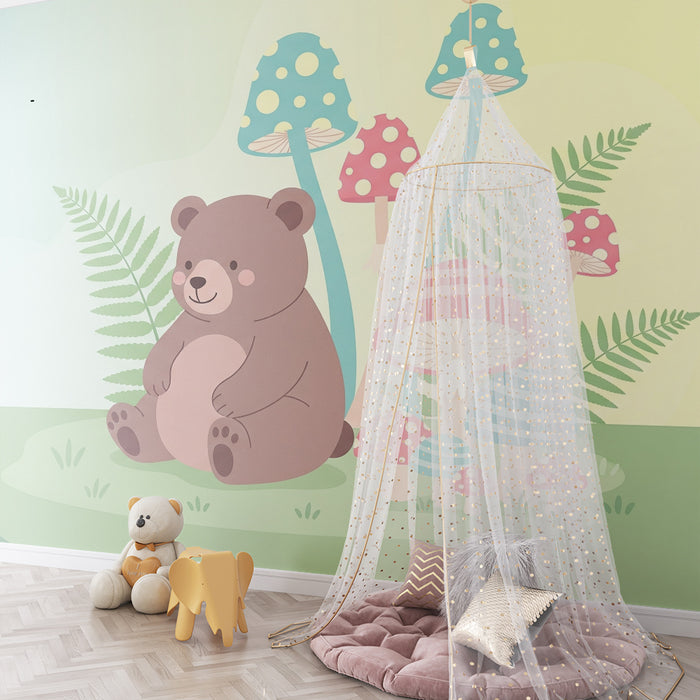 Papel de parede quarto bebê | Мило мече и цветни гъби в нежна пейзажна среда