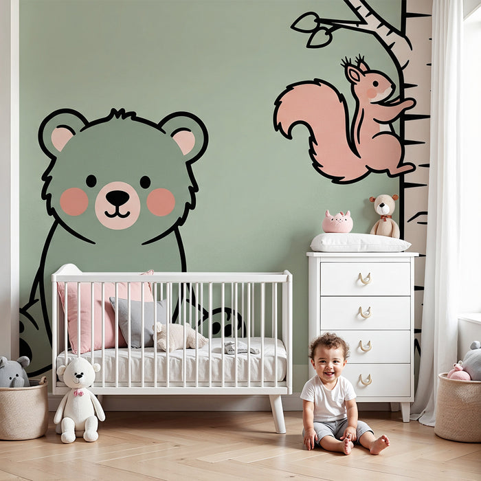 Barntapet | Söt björn och busig ekorre i skogen