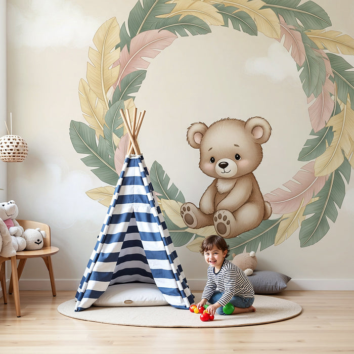 Papel pintado infantil | Lindo osito y delicadas hojas