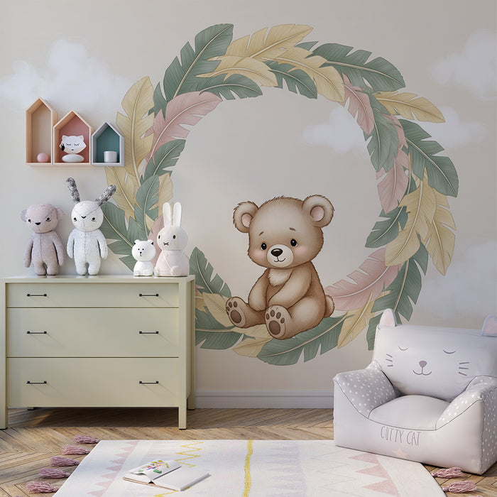 Papel pintado infantil | Lindo osito y delicadas hojas