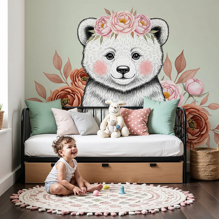 Papier peint chambre bébé | Ourson mignon et fleurs délicates