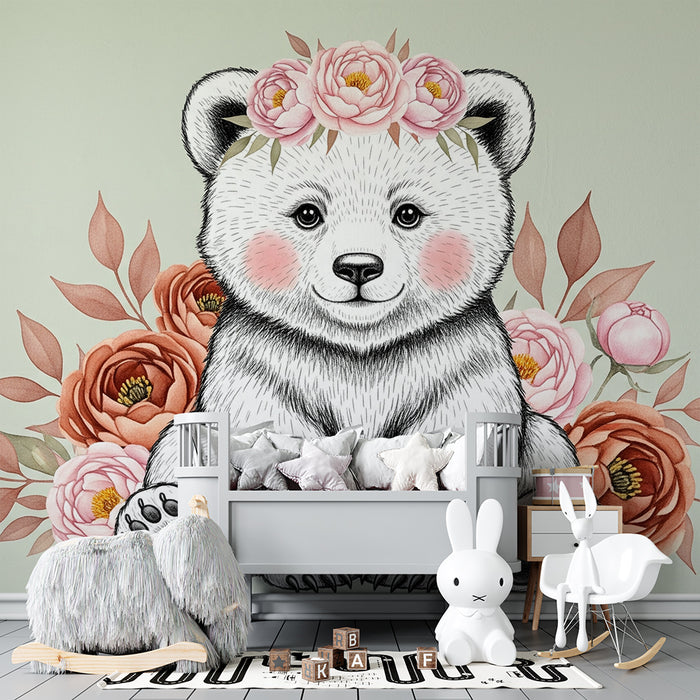 Papier peint chambre bébé | Ourson mignon et fleurs délicates