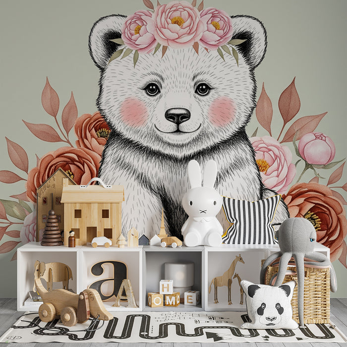 Papier peint chambre bébé | Ourson mignon et fleurs délicates