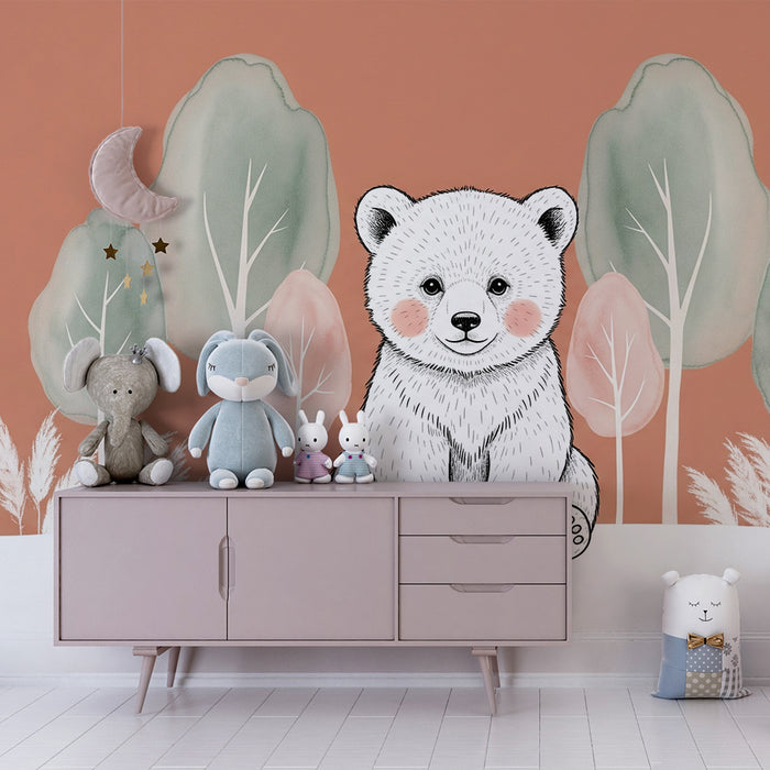 Babyzimmer Tapete | Niedlicher Bär und sanfter Wald