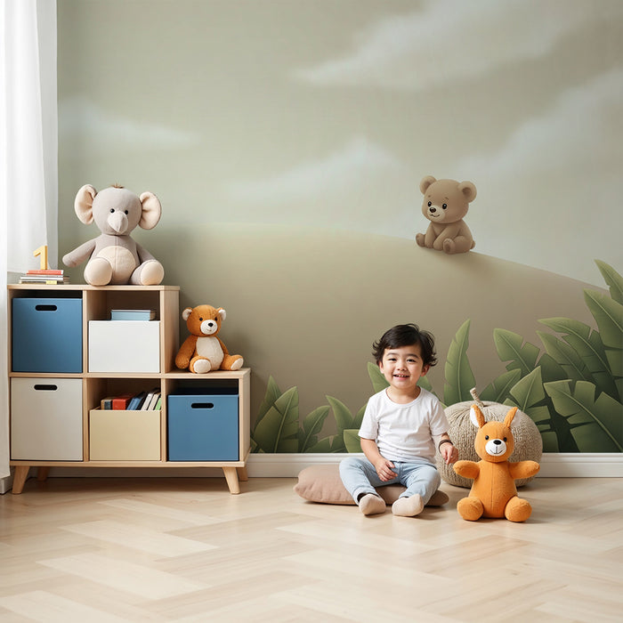 Tapeta dětského pokoje | Roztomilý medvěd a uklidňující krajina