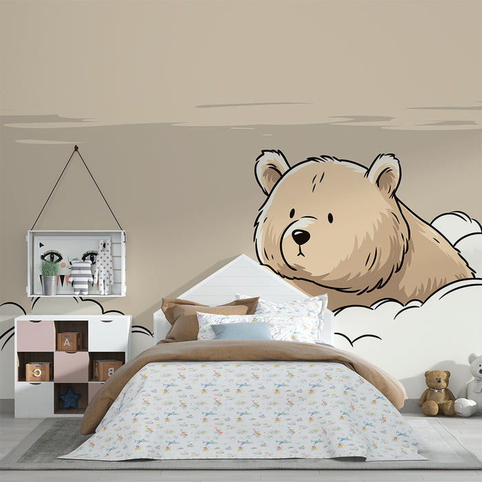Nursery room wallpaper | Cute teddy bear among soft clouds