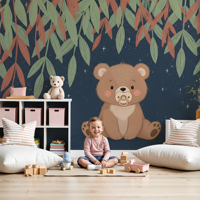 Papel de parede quarto bebê | Bonito ursinho sob as estrelas