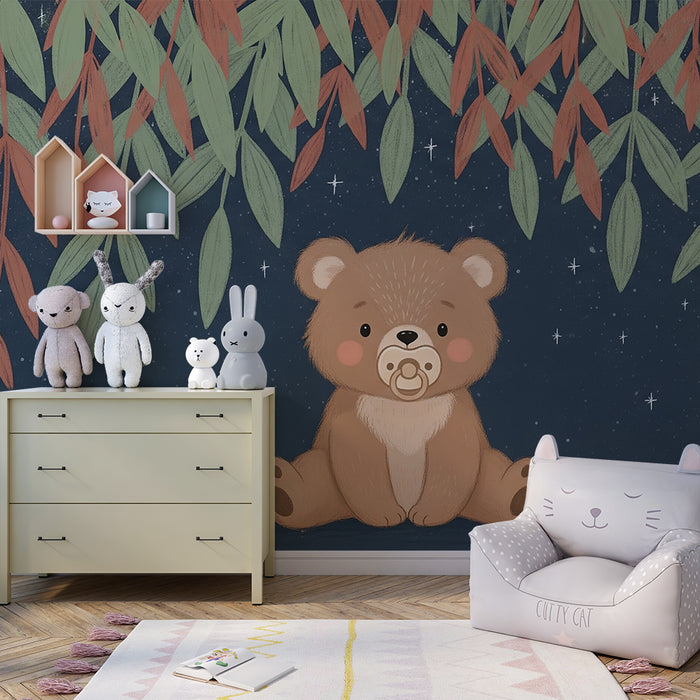 Papel de parede quarto bebê | Bonito ursinho sob as estrelas