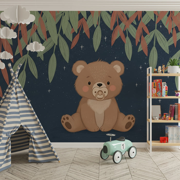 Papel de parede quarto bebê | Bonito ursinho sob as estrelas