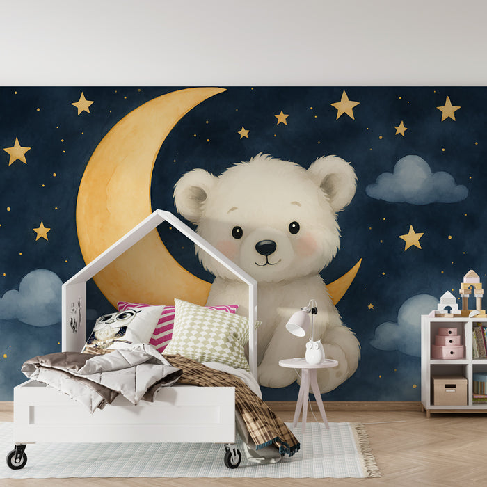 Babyzimmer Tapete | Niedlicher Bär unter den Sternen
