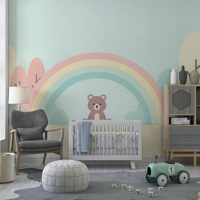 Lastenhuoneen tapetti | Söpö karhu sateenkaaren alla