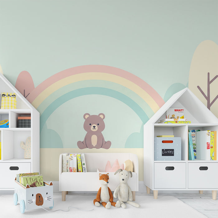 Lastenhuoneen tapetti | Söpö karhu sateenkaaren alla
