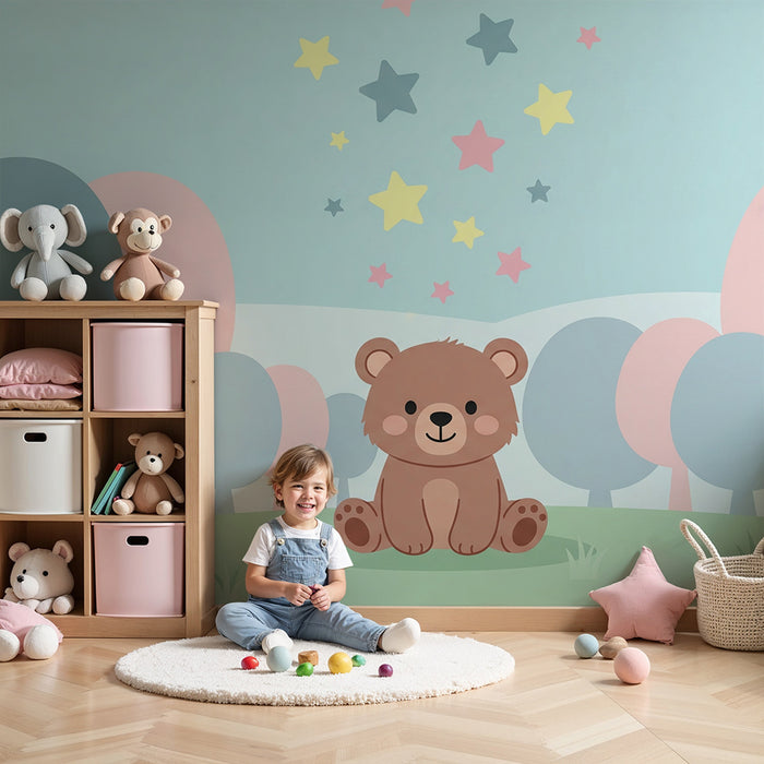 Lastenhuoneen tapetti | Söpö karhu tähtitaivaan alla
